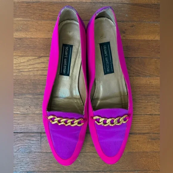 Stuart Weitzman Fuchsia & Magenta Chain-Trim Loafers - Picture 1 of 6